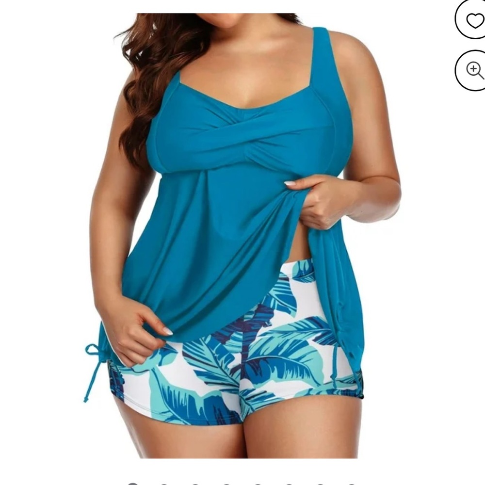 Plus Size Teal Tankini Top & Tropical Swim Shorts Set